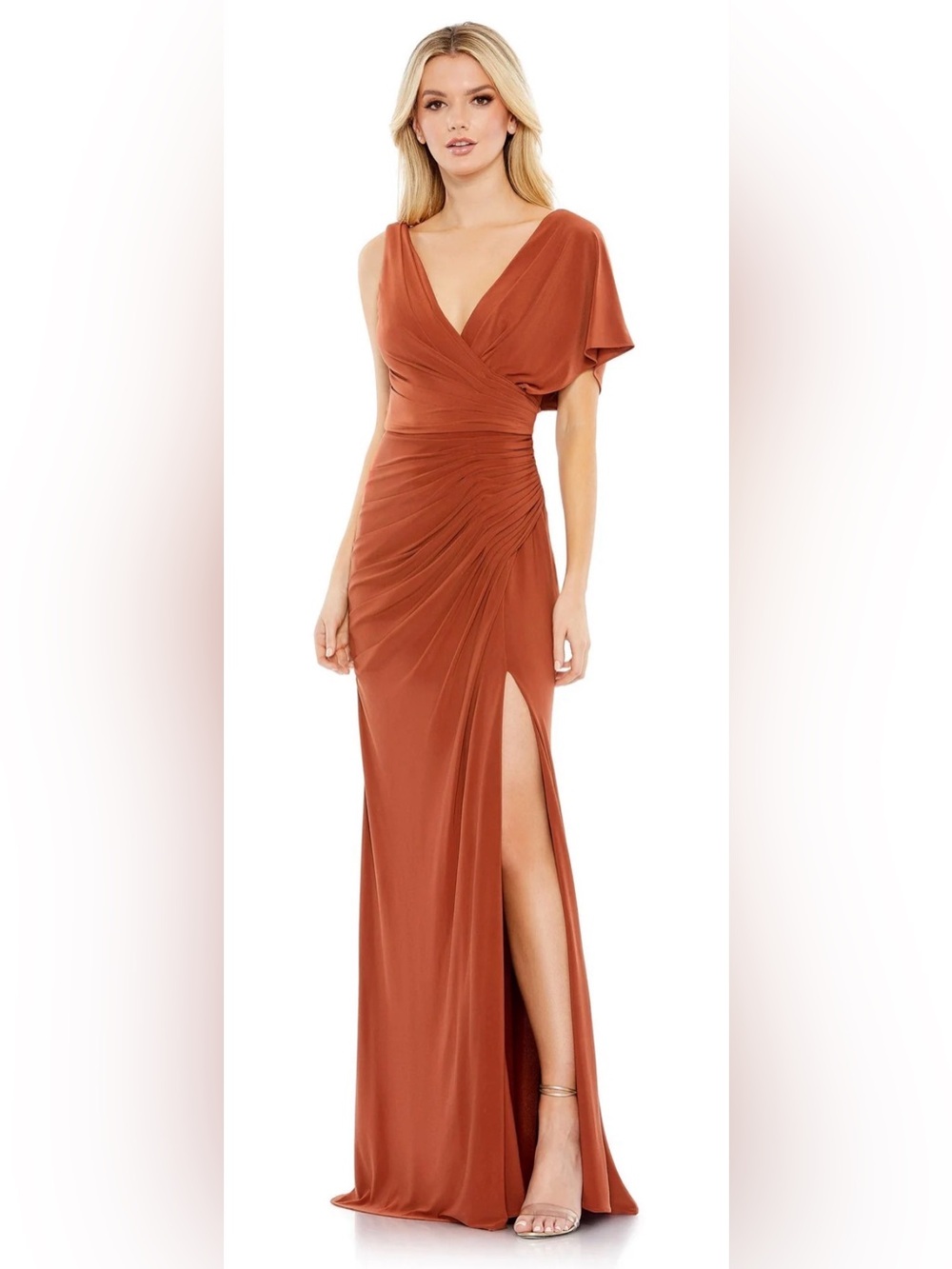 leena for Mac Duggal One Shoulder Sleeve Scoop Back Jersey in Brock EUC